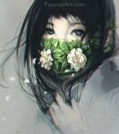  1girl black_hair blue_eyes commentary flower highres leaf long_hair long_sleeves looking_at_viewer mask original portrait solo watermark web_address wenqing_yan 