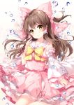 1girl bangs blush bow bowtie brown_hair commentary_request detached_sleeves dress eyebrows_visible_through_hair flower frills hair_between_eyes hair_bow hair_tubes hakurei_reimu japanese_clothes long_hair looking_at_viewer miko mochizuki_shiina open_mouth pink_bow pink_dress ribbon-trimmed_sleeves ribbon_trim skirt skirt_set solo touhou water water_drop white_flower wide_sleeves yellow_bow yellow_eyes 