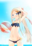  1girl abigail_williams_(fate/grand_order) absurdres alternate_hairstyle arm_up ball bangs bare_arms bare_shoulders beachball bikini black_bikini black_bow blue_eyes blue_sky blush bow collarbone commentary_request cowboy_shot day eyebrows_visible_through_hair fate/grand_order fate_(series) food food_in_mouth forehead gluteal_fold hair_bow highres holding holding_ball horizon layered_bikini light_brown_hair long_hair mouth_hold navel ocean orange_bow outdoors parted_bangs polka_dot polka_dot_bow ponytail popsicle shading_eyes sidelocks sky solo sparkle su_guryu swimsuit transparent very_long_hair water 