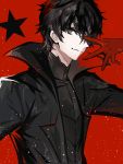  1boy amamiya_ren black_eyes black_hair gloves hair_between_eyes moemoe3345 persona persona_5 red_background red_gloves simple_background solo solo_focus star upper_body 