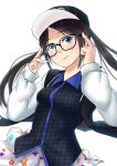  1girl artist_request baseball_cap black_hair blue_eyes blush cowboy_shot eyebrows_visible_through_hair glasses hat idolmaster idolmaster_shiny_colors jacket long_hair looking_at_viewer mitsumine_yuika simple_background smile solo twintails white_background 