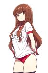  1girl arms_behind_back bangs black_legwear breasts brown_eyes brown_hair buruma chan_co commentary_request cowboy_shot dot_nose eyebrows_visible_through_hair fate/extra fate_(series) gym_uniform hair_over_breasts kishinami_hakuno_(female) long_hair looking_at_viewer medium_breasts sidelocks simple_background solo thigh-highs wavy_hair white_background 