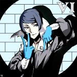  1boy blue_eyes blue_gloves blue_hair gloves index_finger_raised kitagawa_yuusuke nanaya_(daaijianglin) persona persona_5 shadow smile solo solo_focus upper_body v 