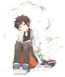  1boy black_shirt blue_footwear book brown_hair grey_pants hand_on_own_chin jude_mathis long_sleeves on_ground open_book pants paper plant reading red_eyes rento_(rukeai) shirt sitting sleeves_rolled_up smile solo tales_of_(series) tales_of_xillia tales_of_xillia_2 white_coat 