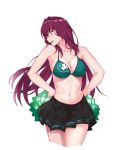  1girl bangs bare_shoulders black_skirt blush breasts cleavage clover_print collarbone fate/grand_order fate_(series) green_bikini_top hands_on_hips highres hips large_breasts long_hair navel open_mouth pom_poms purple_hair red_eyes scathach_(fate/grand_order) shijie_jianfa simple_background skirt smile solo thighs waist white_background 