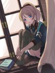  1girl argyle argyle_legwear ayase_eli black_bow black_skirt blonde_hair blue_eyes blue_neckwear blue_shirt blush book bow character_name curtains dutch_angle fuyuzima hair_bow happy_birthday indoors knees_up leg_hug looking_at_viewer love_live! love_live!_school_idol_project necktie no_shoes parted_lips pleated_skirt ponytail shirt sitting_in_window skirt smile solo thigh-highs twitter_username window 