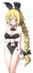  1girl absurdres animal_ears artist_name bare_shoulders black_bow black_hairband black_leotard blonde_hair blue_eyes blush bow bowtie braid breast_hold breasts bunnysuit cleavage commission detached_collar eudetenis eyebrows_visible_through_hair fake_animal_ears fate/apocrypha fate_(series) hair_between_eyes hair_bow hairband highleg highleg_leotard highres jeanne_d&#039;arc_(fate) jeanne_d&#039;arc_(fate)_(all) large_breasts leotard long_braid long_hair looking_away looking_to_the_side open_mouth simple_background single_braid solo strapless strapless_leotard very_long_hair white_background wrist_cuffs 