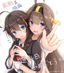  2girls ahoge alternate_costume black_hair black_serafuku blue_eyes braid brown_hair commentary_request double_bun eyebrows_visible_through_hair giraffe_(ilconte) hair_between_eyes hair_flaps hair_ornament hair_over_shoulder hairband hairclip highres kantai_collection kongou_(kantai_collection) long_hair multiple_girls open_mouth red_neckwear school_uniform serafuku shigure_(kantai_collection) single_braid translation_request twitter_username violet_eyes 