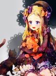  1girl :d abigail_williams_(fate/grand_order) animal bangs black_bow black_cat black_dress black_hat blonde_hair bloomers blue_eyes blush bow bug butterfly cat commentary_request doily dress fate/grand_order fate_(series) forehead grey_background hair_bow hat highres insect kotohogi_funyanya~ long_hair long_sleeves looking_away object_hug open_mouth orange_bow parted_bangs polka_dot polka_dot_bow purple_bow round_teeth sitting sleeves_past_fingers sleeves_past_wrists smile solo stuffed_animal stuffed_toy teddy_bear teeth underwear upper_teeth very_long_hair white_bloomers 