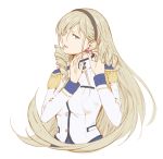  1girl blonde_hair blue_eyes boots breasts celia_kumani_entory drill_hair earrings epaulettes hairband highres jewelry k-kun long_hair military military_uniform simple_background smile solo uniform upper_body very_long_hair walkure_romanze white_background 