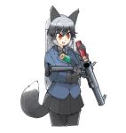  1girl absurdres animal_ears bow bowtie coat cowboy_shot eyebrows_visible_through_hair fox_ears fox_tail fur_trim gloves gradient_hair grey_hair gun highres kemono_friends long_hair long_sleeves multicolored_hair necktie omnisucker pantyhose pleated_skirt reloading silver_fox_(kemono_friends) silver_hair skirt smile tail weapon 