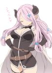  1girl asymmetrical_gloves belt black_gloves braid breasts cleavage_cutout closed_eyes commentary_request draph elbow_gloves gloves granblue_fantasy hair_ornament hair_over_one_eye hairclip hands_on_hips highres horns lavender_hair long_hair low-tied_long_hair narmaya_(granblue_fantasy) nora_higuma pointy_ears simple_background single_braid single_elbow_glove sleeveless smile solo thigh_strap white_background 
