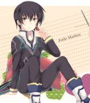  1boy black_hair black_jacket black_pants brown_eyes character_name eating food fruit fruit_background grey_footwear heart heart_background holding holding_fruit jacket long_sleeves looking_at_viewer needle pants rento_(rukeai) shadow shirt sitting solo strawberry strawberry_background tales_of_(series) tales_of_xillia tales_of_xillia_2 thread white_footwear white_shirt 