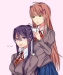  ... 2girls alternate_hairstyle blue_skirt brown_hair commentary doki_doki_literature_club english_commentary eyebrows_visible_through_hair eyes_visible_through_hair green_eyes hair_between_eyes hair_down hair_ornament hair_ribbon hairclip hairstyle_switch highres long_hair looking_at_another looking_at_viewer monika_(doki_doki_literature_club) multiple_girls pink_background pleated_skirt ponytail purple_hair ribbon rrkkrkrr school_uniform sidelocks simple_background skirt smile sweatdrop very_long_hair violet_eyes white_ribbon yuri_(doki_doki_literature_club) 