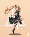  404_logo_(girls_frontline) absurdres armpits bangs bare_shoulders black_dress black_footwear black_ribbon blush boots brown_hair dlalsrl03131 dress eyebrows_visible_through_hair floating_hair girls_frontline hair_ornament hair_ribbon hairclip hands_on_hips high_heel_boots high_heels highres hopping logo long_hair looking_at_viewer one_eye_closed one_leg_raised open_mouth ribbon scar scar_across_eye simple_background sleeveless sleeveless_dress smile solo striped striped_legwear thigh_strap thighs twintails ump9_(girls_frontline) wrist_ribbon 