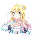  1girl :3 bangs blonde_hair blue_eyes blush character_request choker closed_mouth cropped_torso earrings eyebrows_visible_through_hair frilled_shirt frills gradient_hair hair_between_eyes hair_bun hair_ornament hands_up heart heart_earrings heart_hands highres jacket jewelry long_hair long_sleeves looking_at_viewer mole mole_under_mouth moong_gya multicolored_hair open_clothes open_jacket original pink_choker pink_hair pointy_ears power_symbol shirt side_bun signature simple_background solo sparkle star star_hair_ornament white_background white_shirt 