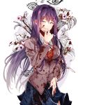  1girl artist_name blood blood_on_face blood_splatter bloody_clothes blue_skirt constricted_pupils crazy_eyes crazy_smile doki_doki_literature_club eyeball eyebrows_visible_through_hair flower grin hair_between_eyes hair_ornament hairclip hazu_t highres lily_(flower) long_hair looking_at_viewer object_namesake pen pleated_skirt purple_hair school_uniform skirt smile solo very_long_hair violet_eyes yuri_(doki_doki_literature_club) 