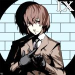  1boy akechi_gorou bag black_gloves black_jacket brown_eyes brown_hair gloves hair_between_eyes index_finger_raised jacket long_hair looking_at_viewer male_focus nanaya_(daaijianglin) persona persona_5 smile solo upper_body 