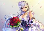  1girl azur_lane belfast_(azur_lane) bouquet braid breasts chains cleavage collar corset flower french_braid gloves jewelry large_breasts long_hair maid_headdress muu_rin petals pov pov_hands red_flower red_rose ring rose silver_hair solo_focus very_long_hair violet_eyes wedding_band white_gloves 