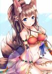  1girl animal_ears armlet bare_shoulders blue_eyes blush bracelet breasts brown_hair collarbone commentary_request detached_sleeves flower fox_ears fox_tail hair_flower hair_ornament hand_on_hip highres jewelry long_hair looking_at_viewer medium_breasts multiple_tails original ponytail sakura_ani see-through sitting solo stomach tail very_long_hair 