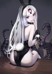  1girl abigail_williams_(fate/grand_order) animal_ears ass bangs bare_shoulders black_bow black_hairband black_leotard bow breasts bunny_girl bunny_tail bunnysuit fake_animal_ears fate/grand_order fate_(series) forehead glowing grin hair_bow hairband head_tilt leotard long_hair looking_at_viewer looking_back orange_bow pale_skin parted_bangs polka_dot polka_dot_bow rabbit_ears sharp_teeth silver_hair sitting small_breasts smile solo strapless strapless_leotard suction_cups sunga2usagi tail teeth tentacle very_long_hair violet_eyes wrist_cuffs 