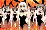  6+girls akaboshi_koume akiyama_yukari animal_ears arm_behind_back arm_grab bangs black_legwear black_leotard black_neckwear blue_eyes bow bowtie breasts brown_eyes brown_hair bunny_girl bunny_tail bunnysuit camera cleavage closed_mouth collar crazy_eyes crowd detached_collar dilated_pupils emblem extra fake_animal_ears frown garrote girls_und_panzer hand_on_own_ass hand_on_own_chest hand_on_own_face itsumi_erika kuromorimine_(emblem) large_breasts leotard long_hair looking_at_another looking_at_viewer medium_breasts messy_hair multiple_girls nakahira_guy open_mouth pantyhose piano_wire ponytail rabbit_ears ritaiko_(girls_und_panzer) short_hair short_twintails silver_hair small_breasts smile standing strapless strapless_leotard tail twintails very_short_hair wavy_hair wrist_cuffs 