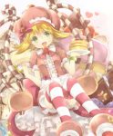  1girl amitie_(puyopuyo) blonde_hair bow brown_dress candy candy_cane cream cream_on_face dress food food_on_face food_themed_hair_ornament fork frilled_dress frills fruit green_eyes hair_ornament hat heart heart-shaped_pupils heart_background holding holding_fork holding_plate horizontal-striped_legwear looking_at_viewer open_mouth pancake pink_bow plate puffy_short_sleeves puffy_sleeves puyopuyo rento_(rukeai) short_hair short_sleeves sitting smile solo star strawberry strawberry_hair_ornament sweet_amitie symbol-shaped_pupils thigh-highs white_background 