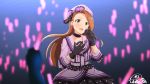  1girl black_gloves black_skirt bow brown_eyes brown_hair choker collarbone earrings floating_hair gloves hat hat_bow holding holding_microphone idol idolmaster idolmaster_million_live! idolmaster_million_live!_theater_days jabara_tornado jewelry long_hair microphone minase_iori open_mouth pink_hat pleated_skirt polka_dot_skirt purple_bow signature skirt solo_focus stage striped striped_bow very_long_hair 