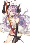  1girl asymmetrical_gloves black_gloves blue_eyes braid breasts coattails commentary_request draph elbow_gloves french_braid gloves granblue_fantasy hair_over_one_eye highres hinahino horns katana large_breasts lavender_hair long_hair looking_at_viewer narmaya_(granblue_fantasy) scabbard sheath single_thighhigh solo sword thigh-highs thigh_strap unsheathing weapon 
