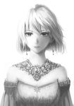  1girl dress earrings jewelry looking_at_viewer monochrome necklace original parted_lips sakimori_(hououbds) short_hair simple_background solo upper_body white_background 