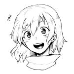  1girl :d bangs blush commentary_request eyebrows_visible_through_hair face greyscale hair_between_eyes highres himajin_noizu looking_at_viewer monochrome notice_lines open_mouth simple_background smile solo white_background 
