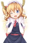  1girl ;d absurdres blonde_hair comic_girls commentary_request cosplay elbow_gloves gloves hair_ornament highres horns kobayashi-san_chi_no_maidragon koizuka_koyume maid maid_headdress medium_hair miyabi_(miyabeeya) one_eye_closed one_side_up open_mouth puffy_short_sleeves puffy_sleeves short_sleeves smile solo tooru_(maidragon) tooru_(maidragon)_(cosplay) white_gloves 