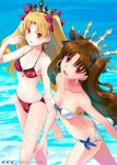  2girls alternate_costume arm ass bandeau bangs bare_arms bare_legs bare_shoulders bikini black_ribbon blonde_hair blush breasts brown_hair butt_crack cleavage collarbone commentary_request dual_persona earrings ereshkigal_(fate/grand_order) eyebrows_visible_through_hair fate/grand_order fate_(series) female from_above hair_ornament hair_ribbon highres ishtar_(fate/grand_order) jewelry legs long_hair looking_at_viewer looking_up medium_breasts midriff multiple_girls navel neck orange_eyes parted_bangs red_bikini red_eyes red_ribbon red_swimsuit ribbon shirotsumekusa side-tie_bikini small_breasts smile standing strapless strapless_bikini strapless_swimsuit swimsuit thighs tohsaka_rin two_side_up type-moon walking water white_bikini white_swimsuit 