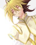  1boy blonde_hair brown_hair closed_eyes dirty iv_(yuu-gi-ou_zexal) jacket long_sleeves multicolored_hair open_mouth rento_(rukeai) scar scar_across_eye shirt smile solo torn_clothes white_coat white_jacket white_shirt yu-gi-oh! yuu-gi-ou_zexal 