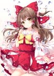  1girl bangs blush bow bowtie brown_hair commentary_request detached_sleeves eyebrows_visible_through_hair flower frills hair_between_eyes hair_bow hair_tubes hakurei_reimu japanese_clothes long_hair looking_at_viewer miko mochizuki_shiina open_mouth red_bow ribbon-trimmed_sleeves ribbon_trim skirt skirt_set solo touhou water water_drop white_flower wide_sleeves yellow_bow yellow_eyes 