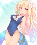  1girl azur_lane bangs blonde_hair blue_hair blue_innertube blue_swimsuit blush bottle breasts cleveland_(azur_lane) collarbone commentary_request covered_navel eyebrows_visible_through_hair flower food food_in_mouth gradient_hair groin hair_flower hair_ornament highleg highleg_swimsuit holding holding_bottle holding_innertube innertube long_hair looking_at_viewer medium_breasts mouth_hold multicolored_hair name_tag new_school_swimsuit one-piece_swimsuit one_side_up parted_bangs popsicle red_eyes sakurato_ototo_shizuku school_swimsuit solo swimsuit tan transparent very_long_hair water_bottle wet white_flower 