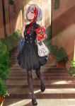  1girl admiral_graf_spee_(azur_lane) azur_lane bag bag_of_chips black_dress black_footwear black_legwear blue_eyes blush claws dress finger_to_chin grocery_bag handbag highres looking_to_the_side looking_up multicolored_hair necktie pantyhose plant potted_plant red_neckwear redhead rurukuru shoes shopping_bag short_hair short_necktie silver_hair solo stairs streaked_hair two-tone_hair 