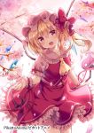  1girl :d ascot bangs blonde_hair bow crystal eyebrows_visible_through_hair flandre_scarlet flower frilled_skirt frills hair_between_eyes hat hat_bow head_tilt kure~pu looking_at_viewer mob_cap one_side_up open_mouth petals pink_flower pink_hat puffy_short_sleeves puffy_sleeves red_bow red_eyes red_skirt red_vest shirt short_sleeves skirt skirt_set smile solo touhou vest white_shirt wings wrist_cuffs yellow_neckwear 