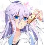 1girl ahoge arm_up bangs black_neckwear blue_eyes blush breasts cleavage collarbone commentary_request eyebrows_visible_through_hair floral_print food food_on_face fuyou-chan hair_between_eyes holding holding_food long_sleeves looking_away medium_breasts milkpanda original parted_lips purple_hair shirt solo tongue tongue_out white_background white_shirt 