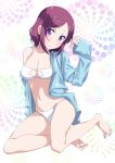  1girl barefoot bikini blue_shirt blush breasts brown_hair cleavage cleavage_cutout collarbone dress_shirt embarrassed full_body head_tilt highres looking_at_viewer medium_breasts navel new_game! open_clothes open_shirt pink_x shiny shiny_skin shirt short_hair sitting sketch solo swimsuit tooyama_rin violet_eyes white_bikini 