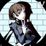  1girl brown_hair gloves grey_gloves long_hair nanaya_(daaijianglin) niijima_makoto parted_lips persona persona_5 red_eyes shadow short_hair smile solo upper_body v 