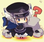  &gt;_&lt; 1girl :3 ? animal_ears blue_eyes blush chains chibi commentary_request full_body grey_hair hat military military_uniform muuran original peaked_cap puffy_pants short_hair simple_background standing star tail uniform yellow_background 