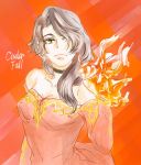  asymmetrical_hair bare_shoulders breasts brown_eyes brown_hair character_name cinder_fall cleavage cowboy_shot fire flower hair_over_one_eye holding_flame long_hair medium_breasts orange_background rwby toutetsu_mon 