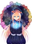  1girl abigail_williams_(fate/grand_order) bangs black_bow black_dress black_hat blonde_hair blue_eyes blue_flower blue_rose bow bug butterfly closed_mouth commentary_request dress eyebrows_visible_through_hair fate/grand_order fate_(series) floating flower forehead glowing hair_bow hands_up hat highres hiiro_yuya insect key long_hair long_sleeves looking_away looking_down orange_bow parted_bangs pink_flower pink_rose polka_dot polka_dot_bow purple_flower purple_rose red_flower red_rose rose sleeves_past_fingers sleeves_past_wrists solo very_long_hair white_background yellow_flower yellow_rose 