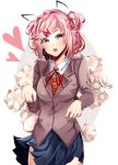  1girl animal_ears artist_name blue_skirt cat_ears commentary doki_doki_literature_club drawn_ears english_commentary fang flower flower_request hair_ribbon hazu_t heart looking_at_viewer natsuki_(doki_doki_literature_club) open_mouth pink_eyes pink_hair red_ribbon ribbon school_uniform short_hair skirt solo two_side_up 