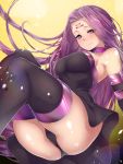  1girl arm_warmers ass black_legwear black_panties blush boots breasts closed_mouth collar elbow_gloves facial_mark fate/stay_night fate_(series) forehead_mark gloves highres karan large_breasts light_smile long_hair panties purple_hair rider sleeveless solo thigh-highs thigh_boots underwear very_long_hair 
