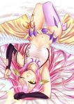  1girl ;) angel_wings breasts commentary_request crop_top cross feathered_wings gloves halo jibril_(no_game_no_life) large_breasts long_hair low_wings lying magic_circle midriff mizunashi_hayate navel no_game_no_life on_back one_eye_closed pink_hair sideboob smile solo symbol-shaped_pupils tattoo white_wings wing_ears wings yellow_eyes 