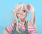  1girl alternate_costume alternate_hairstyle blue_eyes commentary_request flower glasses hair_flower hair_ornament kantai_collection ro-500_(kantai_collection) simple_background smirk solo tan tanline wataro_(watawatawatapon) white_hair 