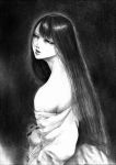  1girl commentary_request from_side graphite_(medium) greyscale half-closed_eyes hane_(azelye) long_hair long_sleeves monochrome off_shoulder original parted_lips skull solo traditional_media 