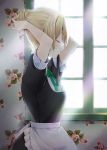  1girl adjusting_hair apron arms_up black_ribbon blonde_hair closed_eyes commentary_request frilled_apron frills from_side green_neckwear hair_bun hazuki_natsu indoors maid neck_ribbon original ribbon short_sleeves solo waist_apron wallpaper_(object) white_apron window 
